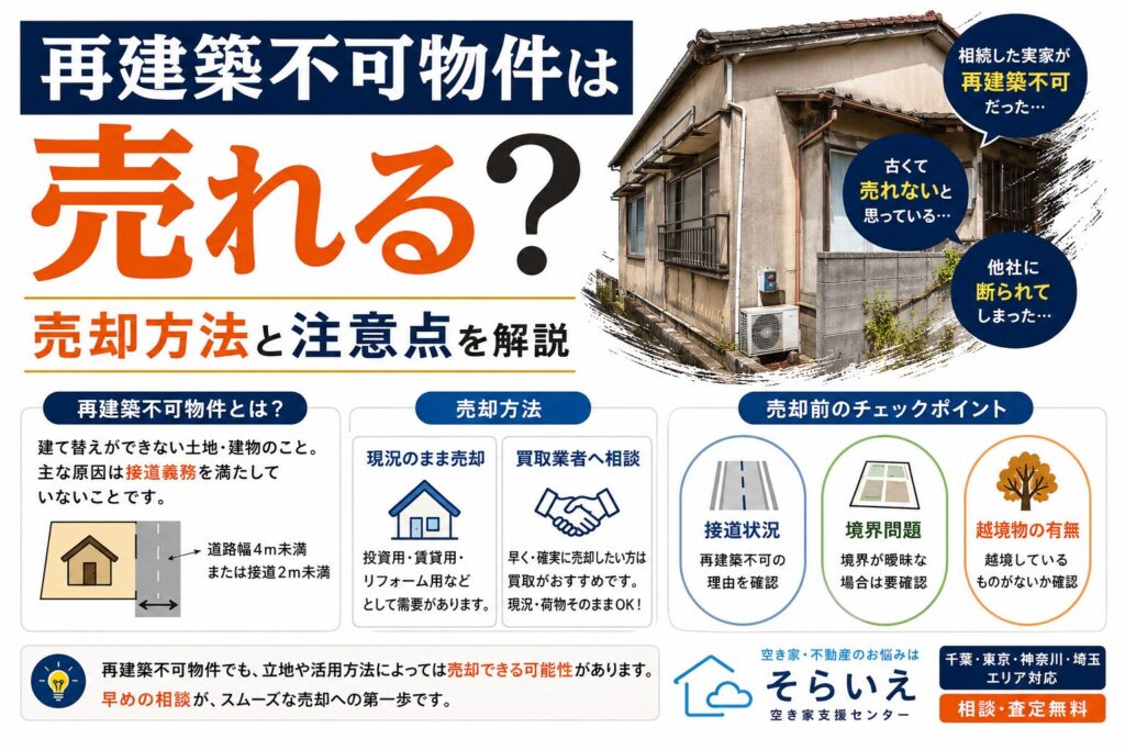 再建築不可物件の売却に悩む所有者を、白背景のポップなイラストで「そらいえくん」がサポートしているアイキャッチ画像