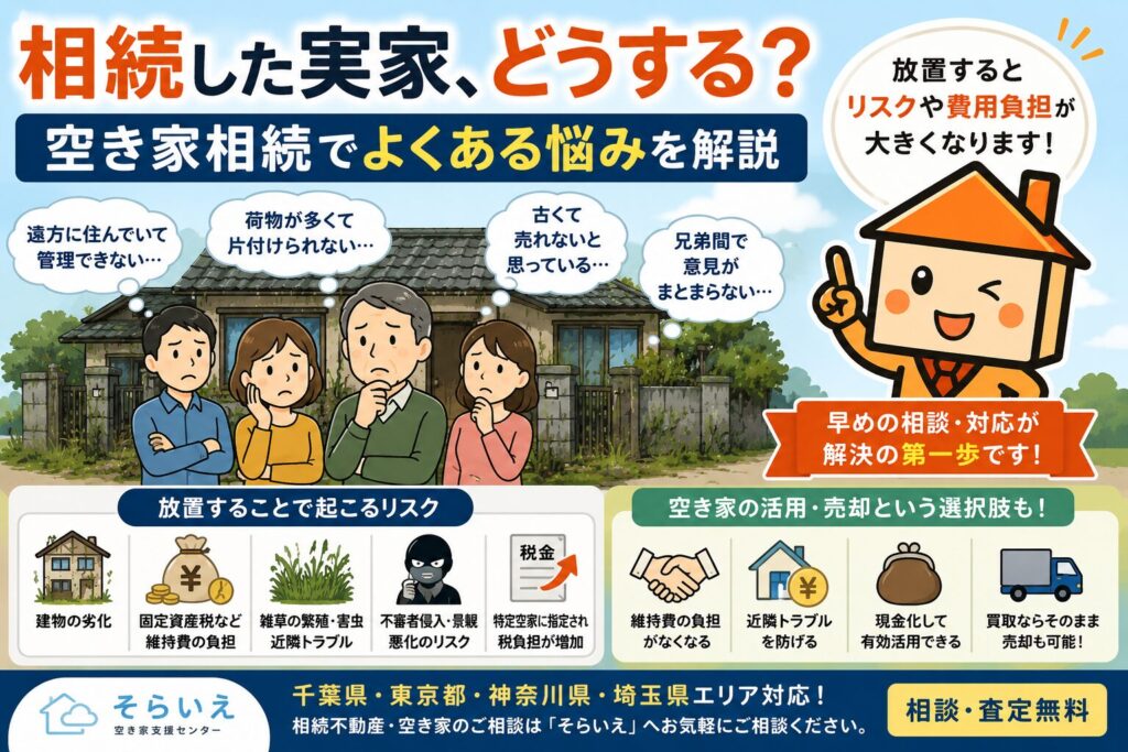 相続した実家や空き家の管理・売却に悩む家族を、そらいえくんがサポートしているアイキャッチ画像