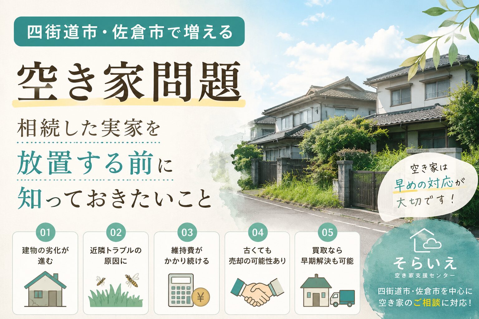 四街道市・佐倉市の住宅街を背景に、空き家の管理や売却について考える家族と空き家対策を案内するイラスト