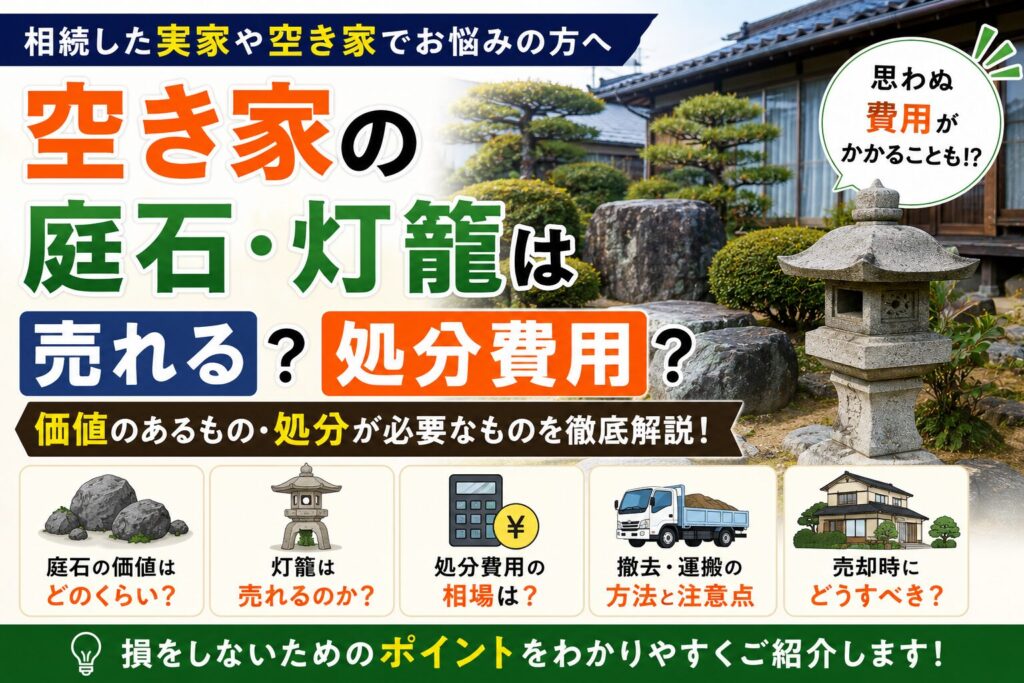 相続した空き家の庭にある庭石や石灯籠をイメージしたイラスト。庭石の価値や処分費用、空き家売却時の注意点を解説するアイキャッチ画像。