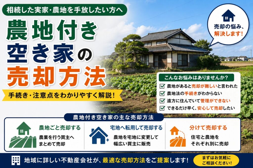 農地付き空き家の売却方法や手続きを解説するアイキャッチ画像