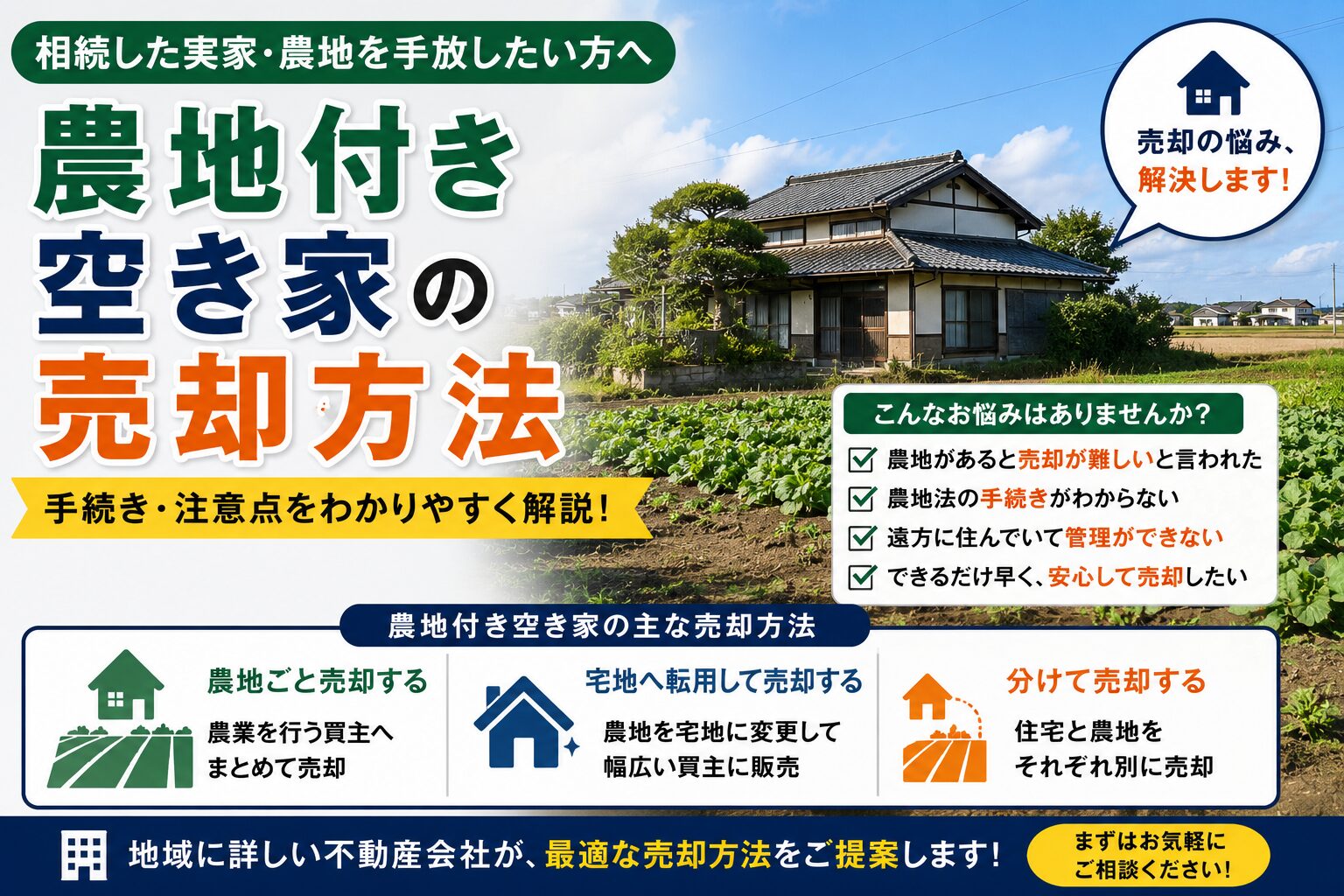 農地付き空き家の売却方法や手続きを解説するアイキャッチ画像