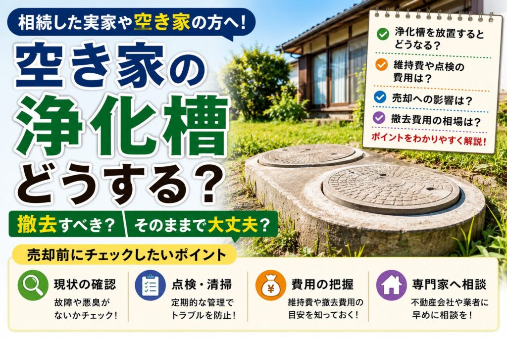 空き家の庭に設置された浄化槽。管理方法や撤去費用、売却時の注意点を解説するイメージ画像。