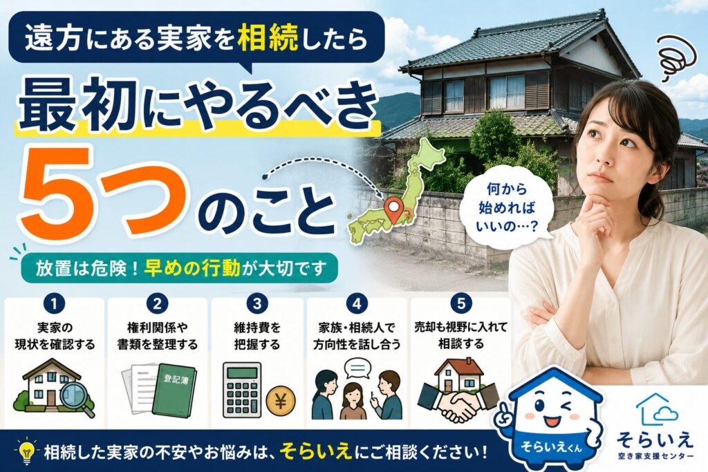 遠方にある実家を相続して何から始めるべきか悩む相続人と、5つの対策ポイントを紹介するそらいえのアイキャッチ画像