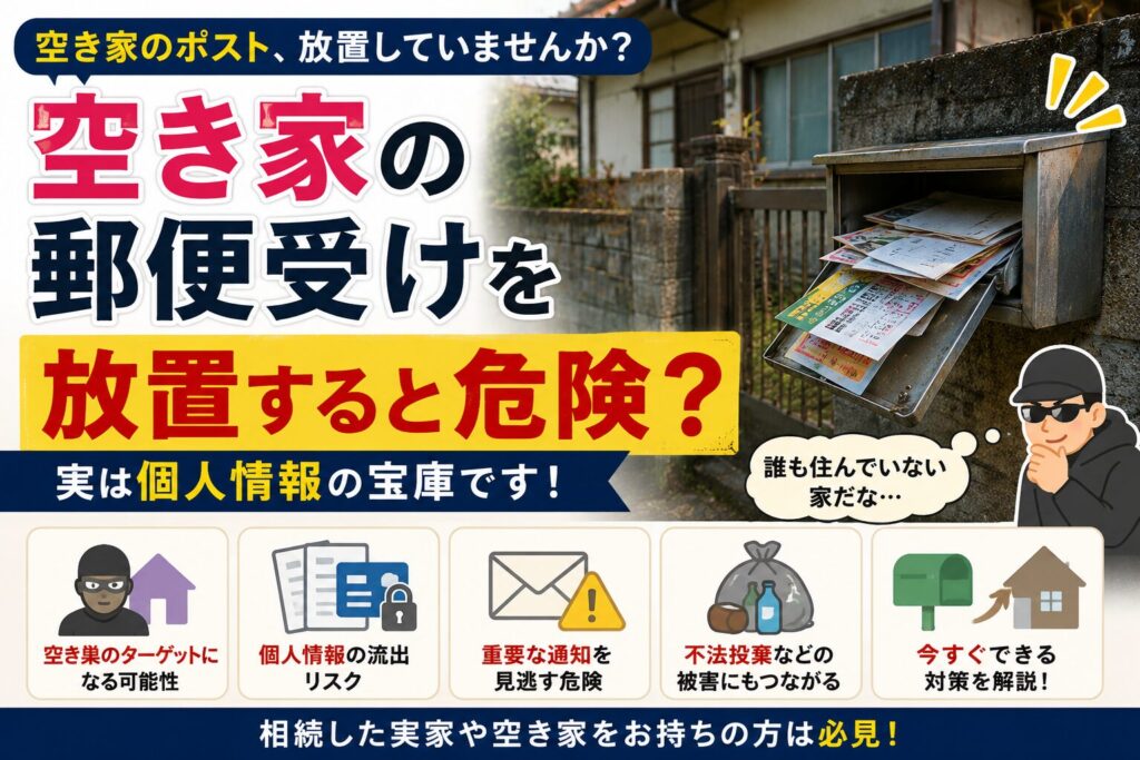 郵便物が溜まった空き家のポストと、防犯・個人情報漏えいのリスクを表現したアイキャッチ画像。空き家管理の重要性を解説するブログ用イラスト。